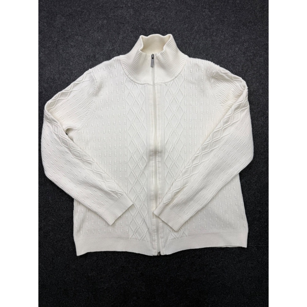 Lizgolf Liz Claiborne Cream White Cable Knit Full Zip Mock Neck Sweater Womens L